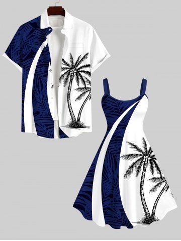 Coconut Tree Tropical Leaf Print Plus Size Matching Hawaii Beach Outfit For Couples