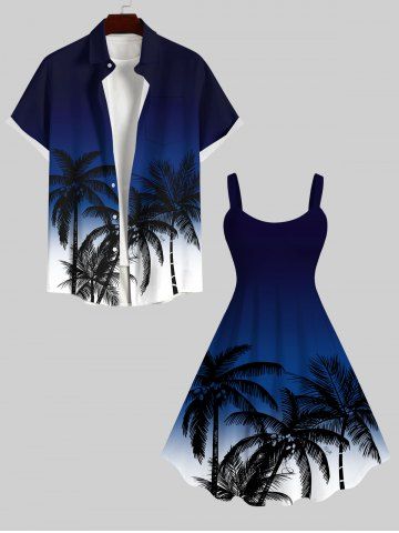 Ombre Colorblock Coconut Tree Print Plus Size Matching Hawaii Beach Outfit For Couples - DEEP BLUE