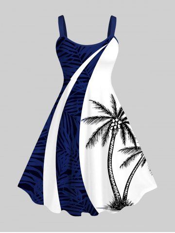 Plus Size Coconut Tree Tropical Leaf Print Hawaii Tank Dress - DEEP BLUE - XS