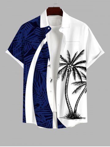 Plus Size Coconut Tree Tropical Leaf Print Buttons Pocket Hawaii Shirt For Men