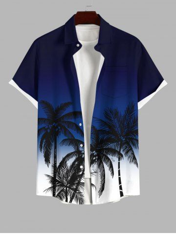 Plus Size Ombre Colorblock Coconut Tree Print Buttons Pocket Hawaii Shirt For Men - BLACK - M