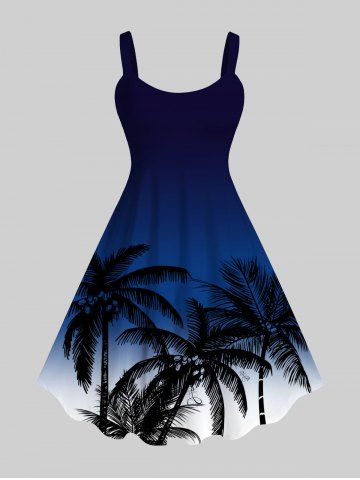 Plus Size Ombre Colorblock Coconut Tree Print Hawaii Tank Dress - DEEP BLUE - XS