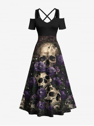Plus Size Halloween Costume Rose Flower Skulls Print Cold Shoulder Crisscross Maxi Dress - BLACK - 1X