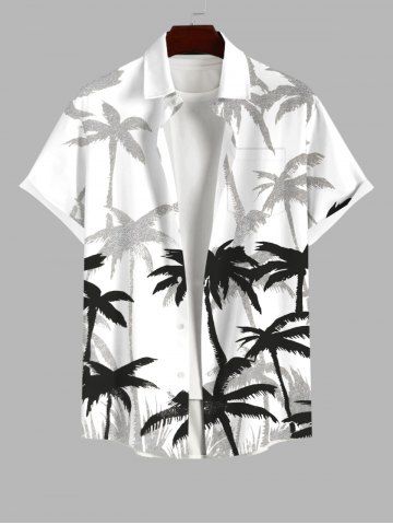 Plus Size Ink Painting Coconut Tree Print Hawaii Button Pocket Shirt For Men - WHITE - XL