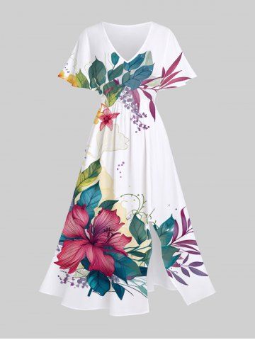 Plus Size Tropical Leaf Hibiscus Flowers Print Split Hawaii Midi Dress - WHITE - S