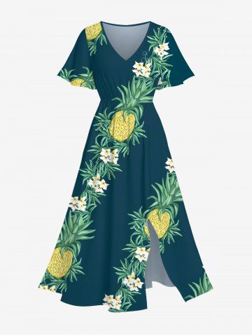 Plus Size Pineapple Floral Tropical Leaves Print Hawaii Split Pocket A Line Midi Dress - GREEN - 1X