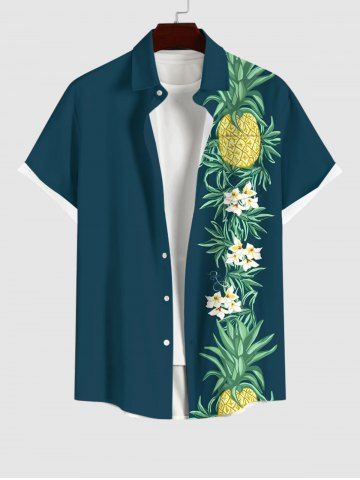 Plus Size Pineapple Floral Tropical Leaves Print Hawaii Button Pocket Shirt For Men - GREEN - S