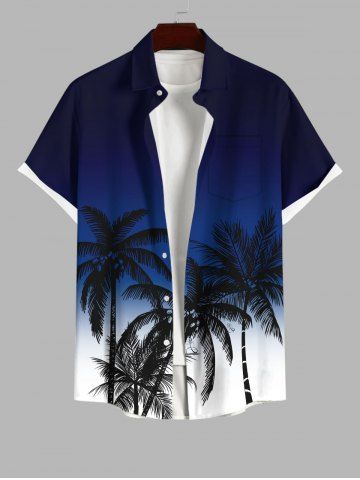 Plus Size Ombre Colorblock Coconut Tree Print Buttons Pocket Hawaii Shirt For Men - BLACK - 6XL