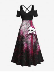 Maxi Robe Ligne A D'Halloween Déchiré Rayée Crâne Imprimée de Grande Taille - Noir XS