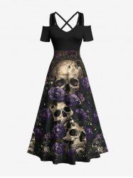 Maxi Robe D'Halloween Rose Crâne Imprimée à Epaule Dénudée de Grande Taille - Noir 4X