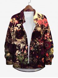 Plus Size Halloween Costume Skull Flowers Leaf Bird Print Buttons Long Sleeve Shirt For Men -  