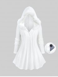 Plus Size Solid Color Ribbed Textured Surplice Fleece Trim Hooded Top -  