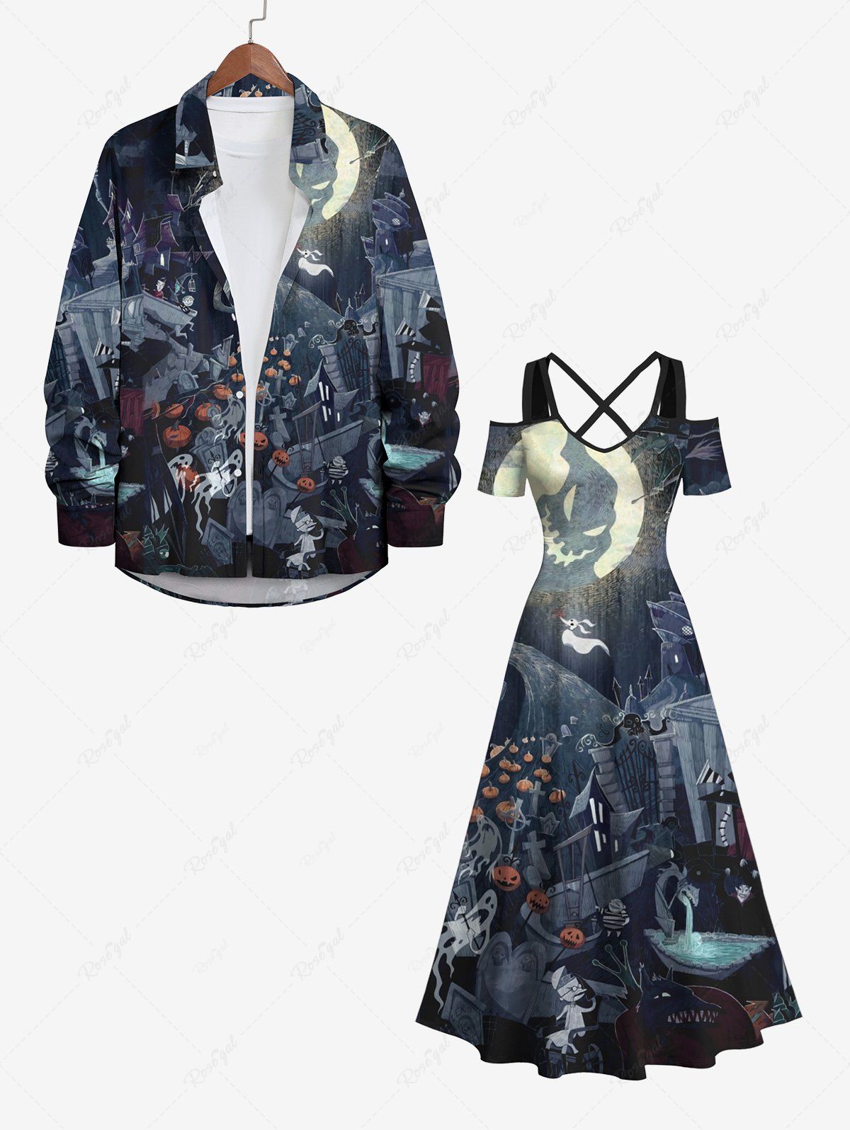 Costume D'Halloween Imprimé Fantôme et Citrouille Grande Taille pour Couples Noir 