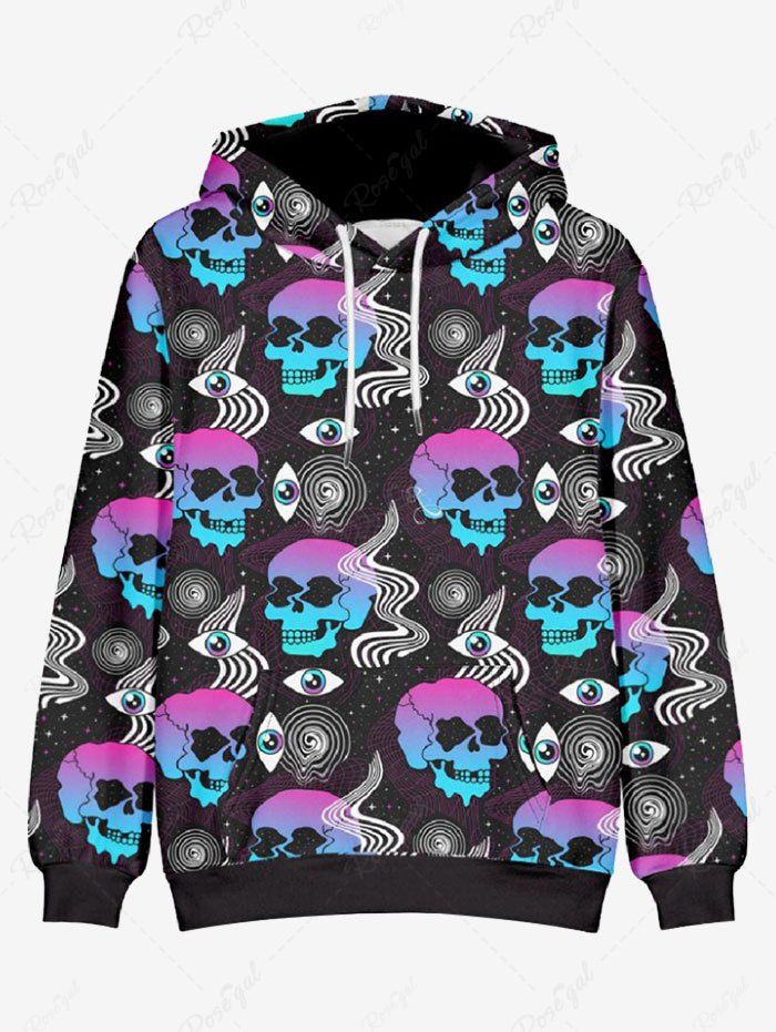 Outfits Plus Size Ombre Skull Eye Spiral Galaxy Print Halloween Pocket Drawstring Pullover Long Sleeves Hoodie For Men  