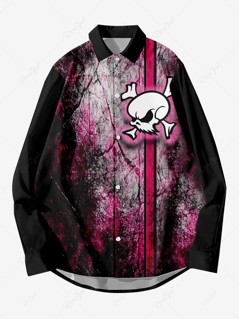 Sale Plus Size Distressed Frayed Skull Striped Print Halloween Button Shirt For Men  