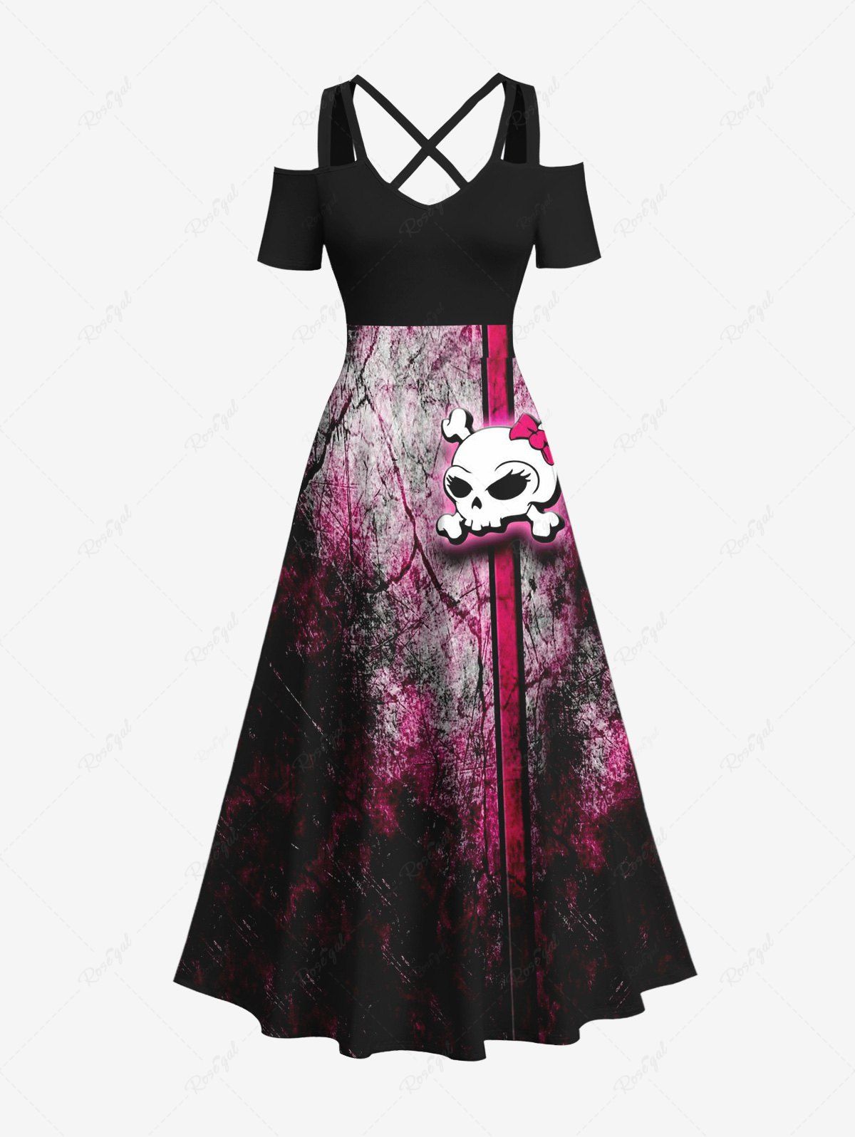 Maxi Robe Ligne A D'Halloween Déchiré Rayée Crâne Imprimée de Grande Taille Noir XS