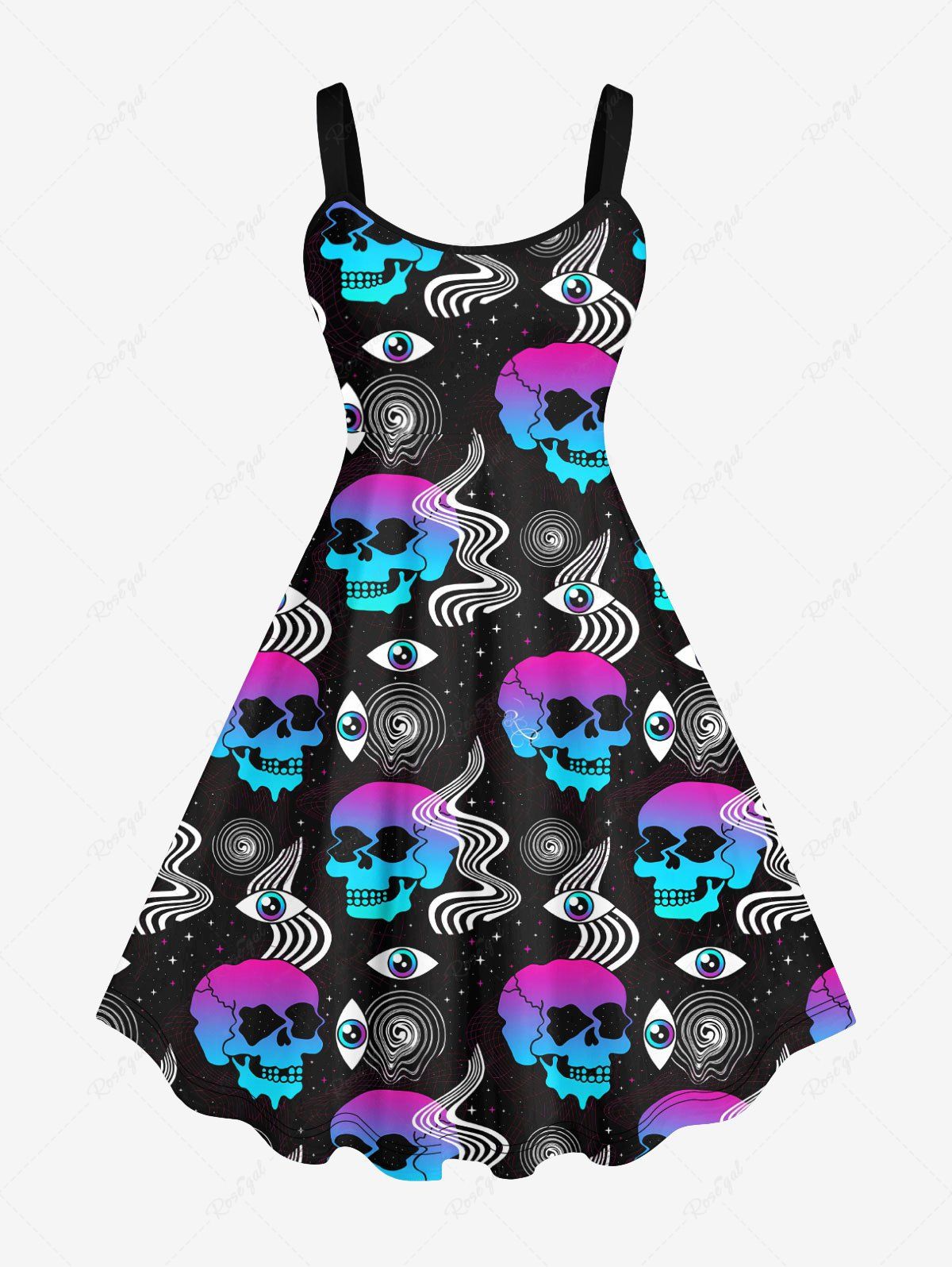 Hot Plus Size Ombre Skull Eye Spiral Galaxy Print Halloween Costume A Line Tank Dress  