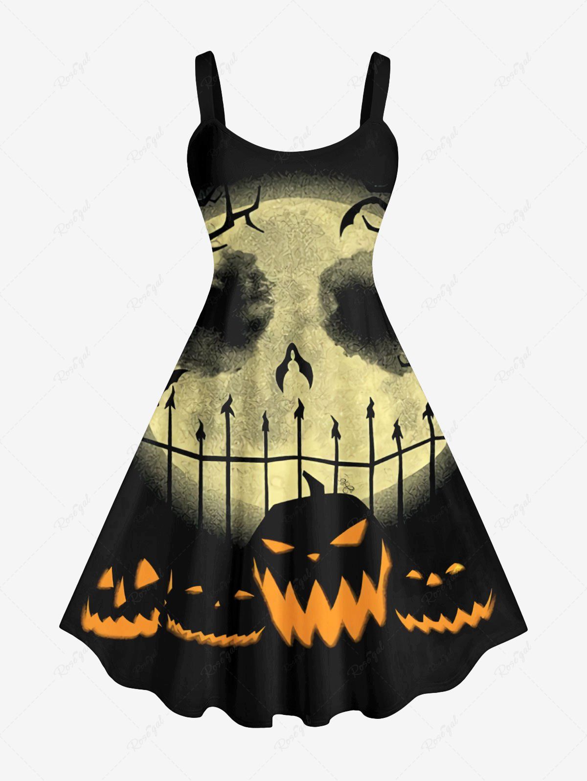 New Plus Size Halloween Costume Pumpkin Face Moon Bat Print Tank Dress  
