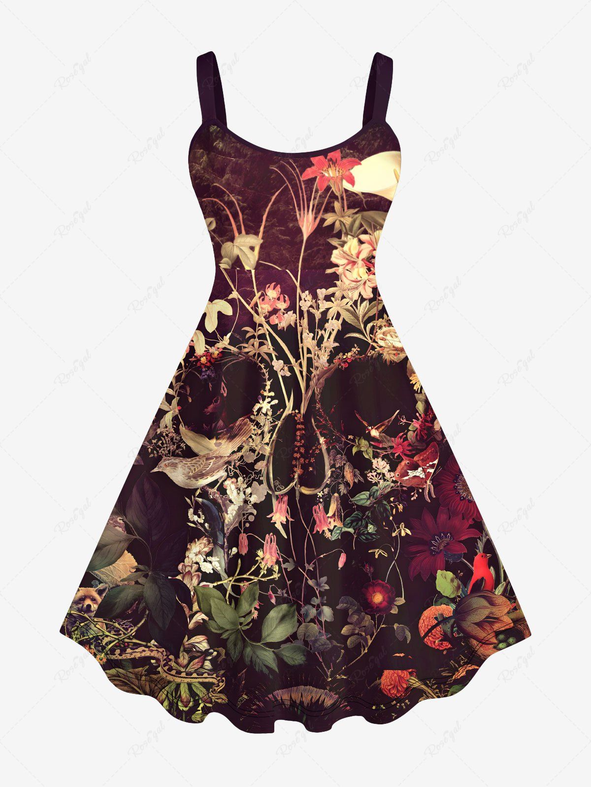 Robe Costume D'Halloween Fleur Feuille et Crâne Imprimées de Grande Taille Multi-A 4X