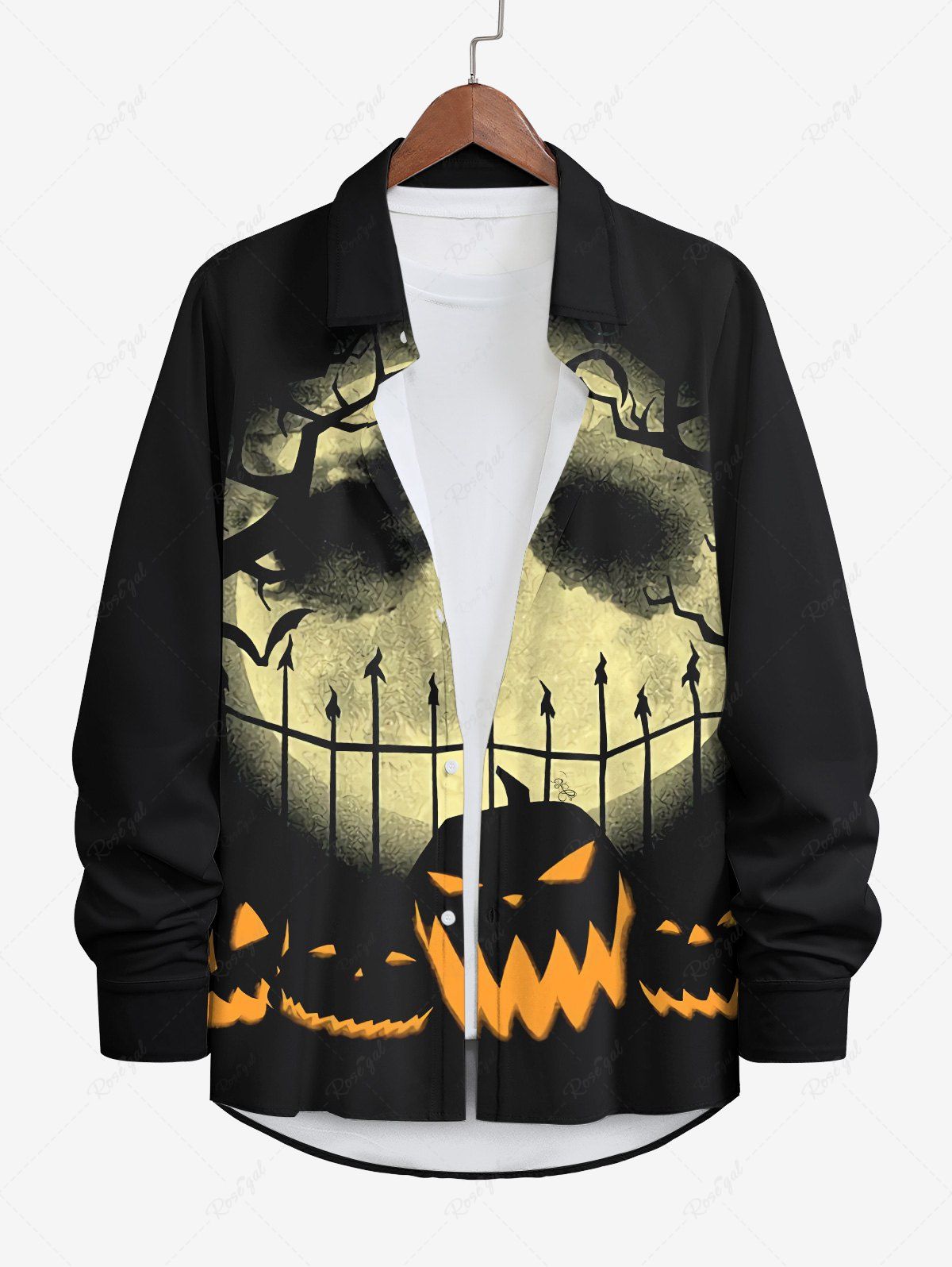 Store Plus Size Halloween Costume Pumpkin Face Moon Bat Print Buttons Long Sleeve Shirt For Men  