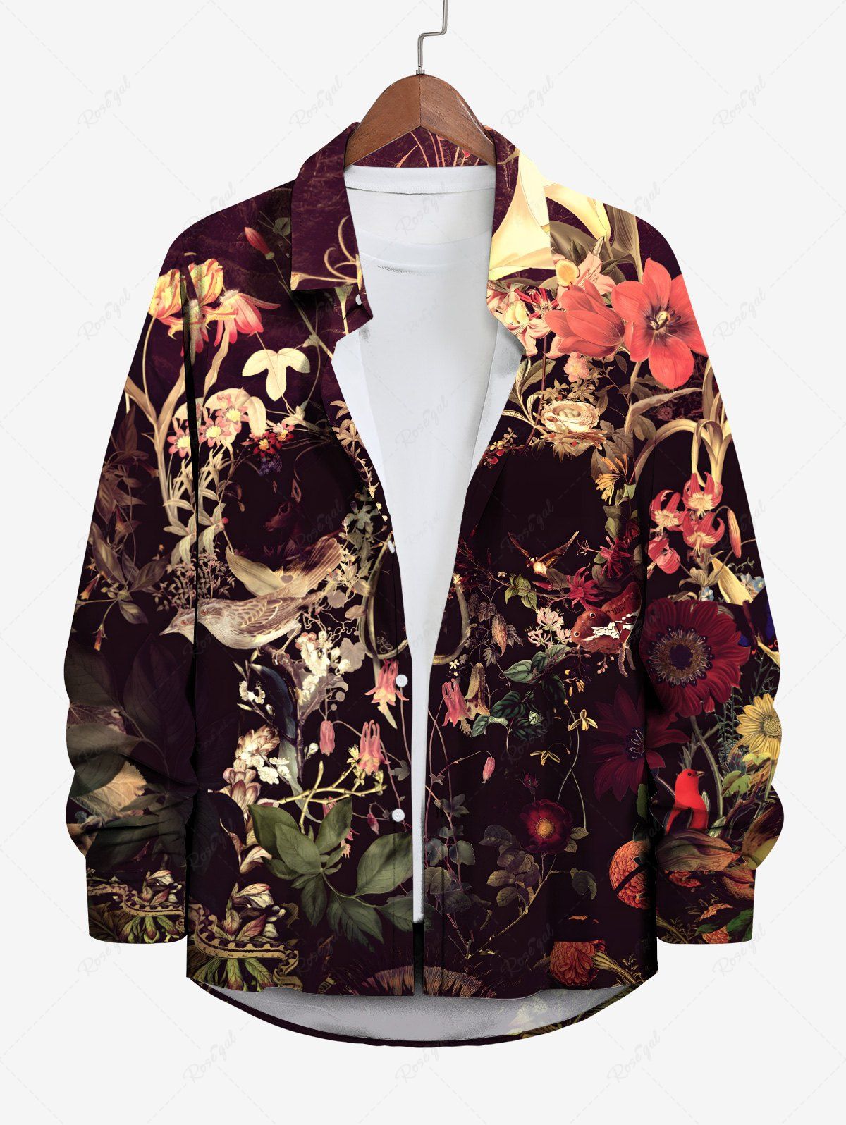 Hot Plus Size Halloween Costume Skull Flowers Leaf Bird Print Buttons Long Sleeve Shirt For Men  