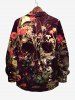 Plus Size Halloween Costume Skull Flowers Leaf Bird Print Buttons Long Sleeve Shirt For Men -  