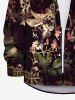Plus Size Halloween Costume Skull Flowers Leaf Bird Print Buttons Long Sleeve Shirt For Men -  