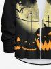Plus Size Halloween Costume Pumpkin Face Moon Bat Print Buttons Long Sleeve Shirt For Men -  