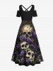 Maxi Robe D'Halloween Rose Crâne Imprimée à Epaule Dénudée de Grande Taille - Noir 4X