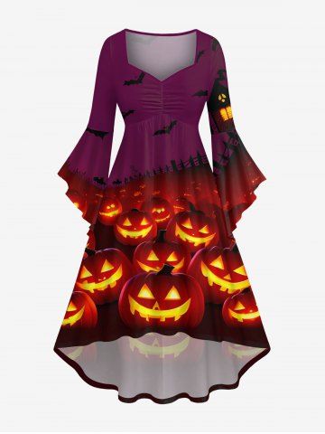 Plus Size Glitter Pumpkin Lantern Bat House Print Halloween Costume Ruched High Low Asymmetric Dress - MULTI-A - XS