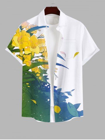 Plus Size Floral Leaf Print Hawaii Button Pocket Shirt For Men