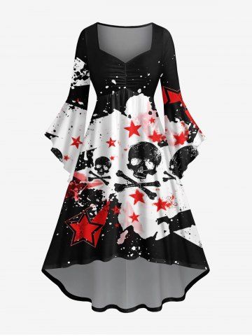 Plus Size Ink Painting Splatter Skull Star Striped Print Halloween Costume Ruched High Low Asymmetric Dress - BLACK - 4X