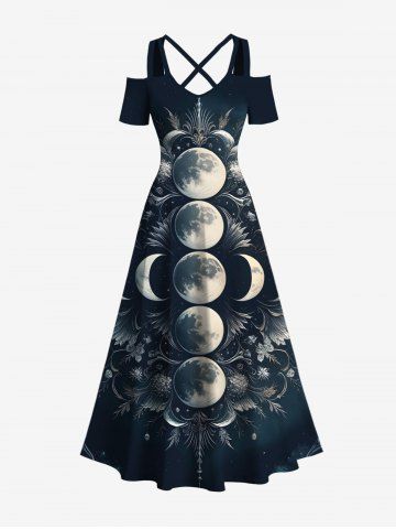 Plus Size Halloween Costume Moon Flowers Print Cold Shoulder Crisscross Maxi Dress