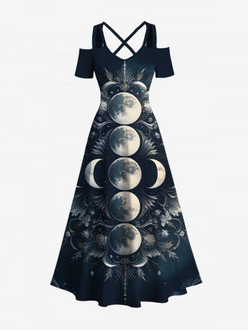 Plus Size Halloween Costume Moon Flowers Print Cold Shoulder Crisscross Maxi Dress - BLACK - L