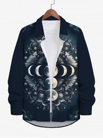 Plus Size Halloween Costume Moon Flowers Print Buttons Long Sleeve Shirt For Men - BLACK - 5XL