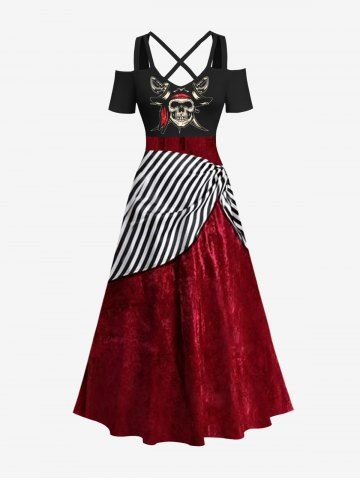 Plus Size Halloween Costume Pirate Skull Striped Skirt 3D Print Cold Shoulder Crisscross Maxi Dress - MULTI-A - 5X