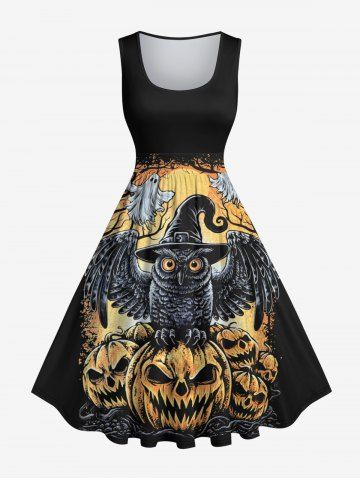 Plus Size Halloween Costume Pumpkin Ghost Owl Tree Print 1950s Vintage Dress - BLACK - S