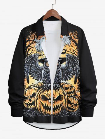 Plus Size Halloween Costume Pumpkin Ghost Owl Tree Print Buttons Long Sleeve Shirt For Men - BLACK - 5XL