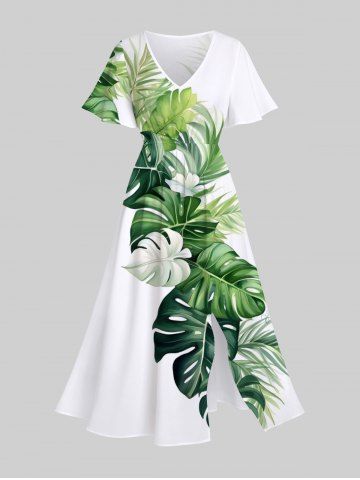 Plus Size Tropical Leaf Flower Print Split Hawaii Midi Dress - WHITE - XS