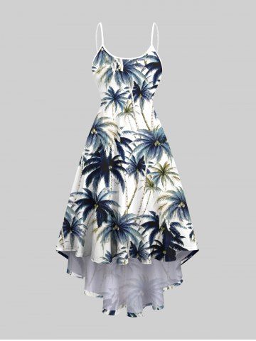 Plus Size Ink Painting Coconut Tree Print High Low Hawaii Cami Dress - MULTI-A - XS