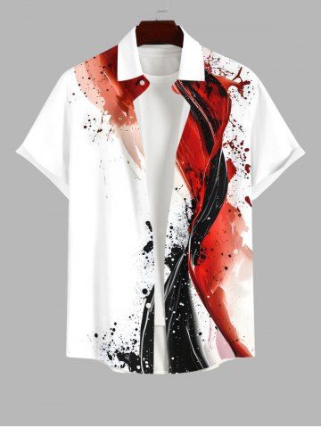 Plus Size Ink Painting Splatter Watercolor Print Hawaii Button Pocket Shirt For Men - WHITE - L