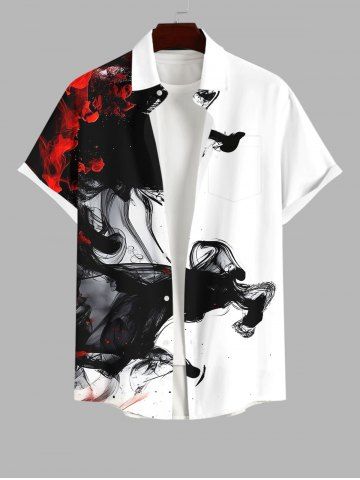 Plus Size Ink Painting Smoke Print Hawaii Button Pocket Shirt For Men - WHITE - L