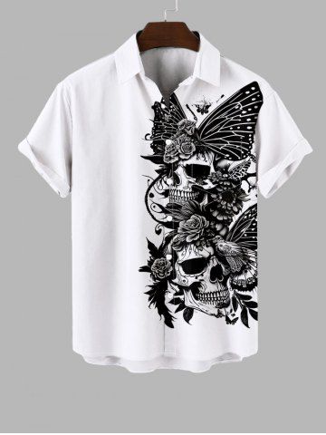 Plus Size Skulls Floral Butterfly Two Tone Print Halloween Button Pocket Shirt For Men - WHITE - S