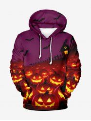 Plus Size Glitter Pumpkin Lantern Bat House Print Halloween Drawstring Pocket Pullover Long Sleeves Hoodie For Men -  