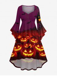 Robe D'Halloween Asymétrique Lanterne de Citrouille et Chauve-souris Imprimés Grande Taille à Paillettes - Multi-A M