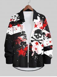 Plus Size Ink Painting Splatter Skull Star Striped Print Halloween Button Shirt For Men -  