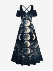 Maxi Robe D'Halloween Croisée Fleur et Lune Imprimées à Epaule Dénudée de Grande Taille - Noir 1X