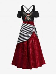 Plus Size Halloween Costume Pirate Skull Striped Skirt 3D Print Cold Shoulder Crisscross Maxi Dress -  