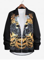 Plus Size Halloween Costume Pumpkin Ghost Owl Tree Print Buttons Long Sleeve Shirt For Men -  