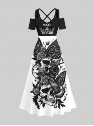 Maxi Robe Ligne A D'Halloween Croisée Papillon et Crâne Imprimés de Grande Taille - Multi-A 2X